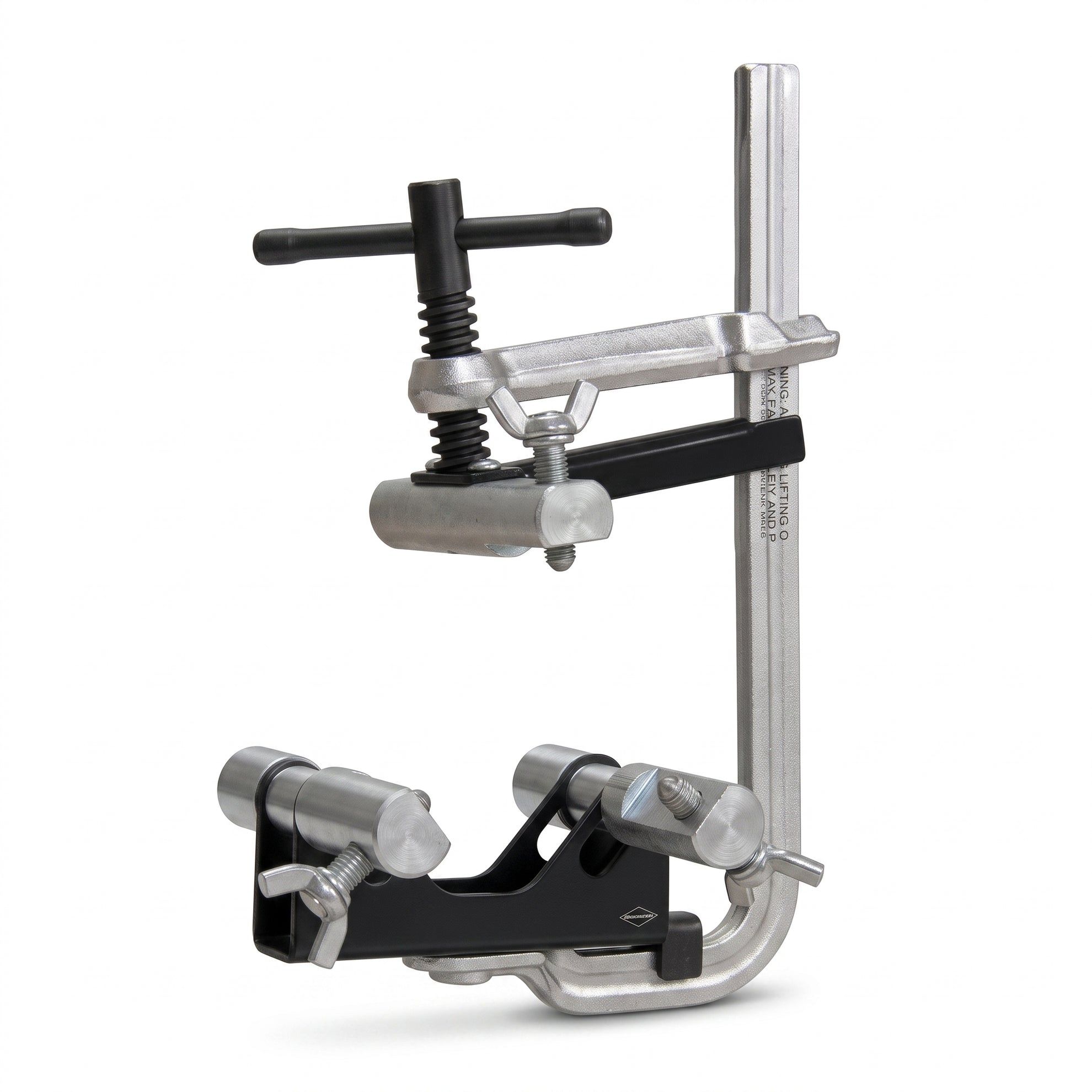 A metal clamp with adjustable components for holding objects securely.