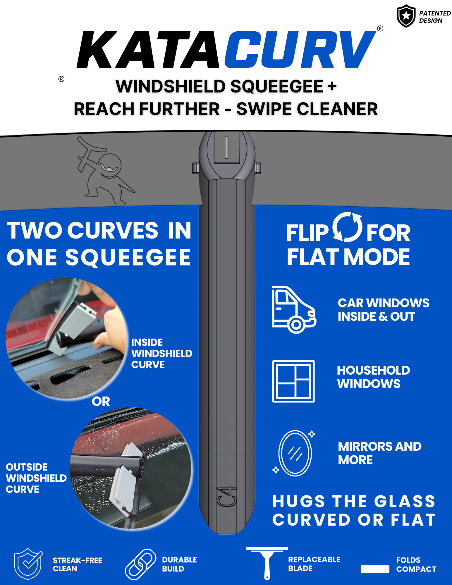 KataCurv curved windshield squeegee retail card featuring product photo, inside and outside curve diagram, and icons for streak‑free clean, durable build, replaceable blade, and compact folding