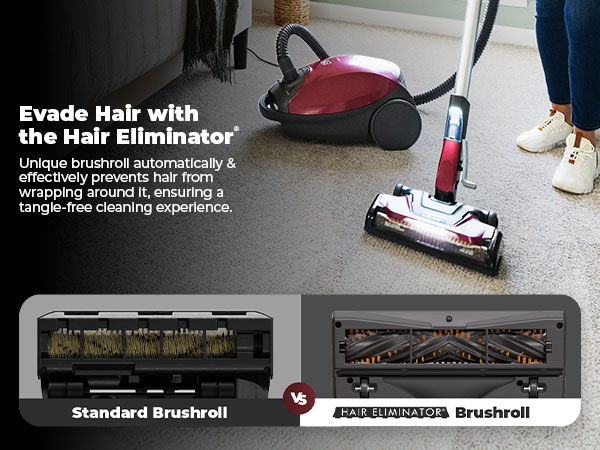Vacuum cleaner with hair elimination technology and comparison of brush types.