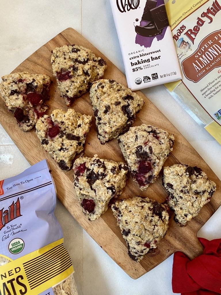Chocolate Raspberry Scones made using Theo baking bars and Bob's Red Mill baking products