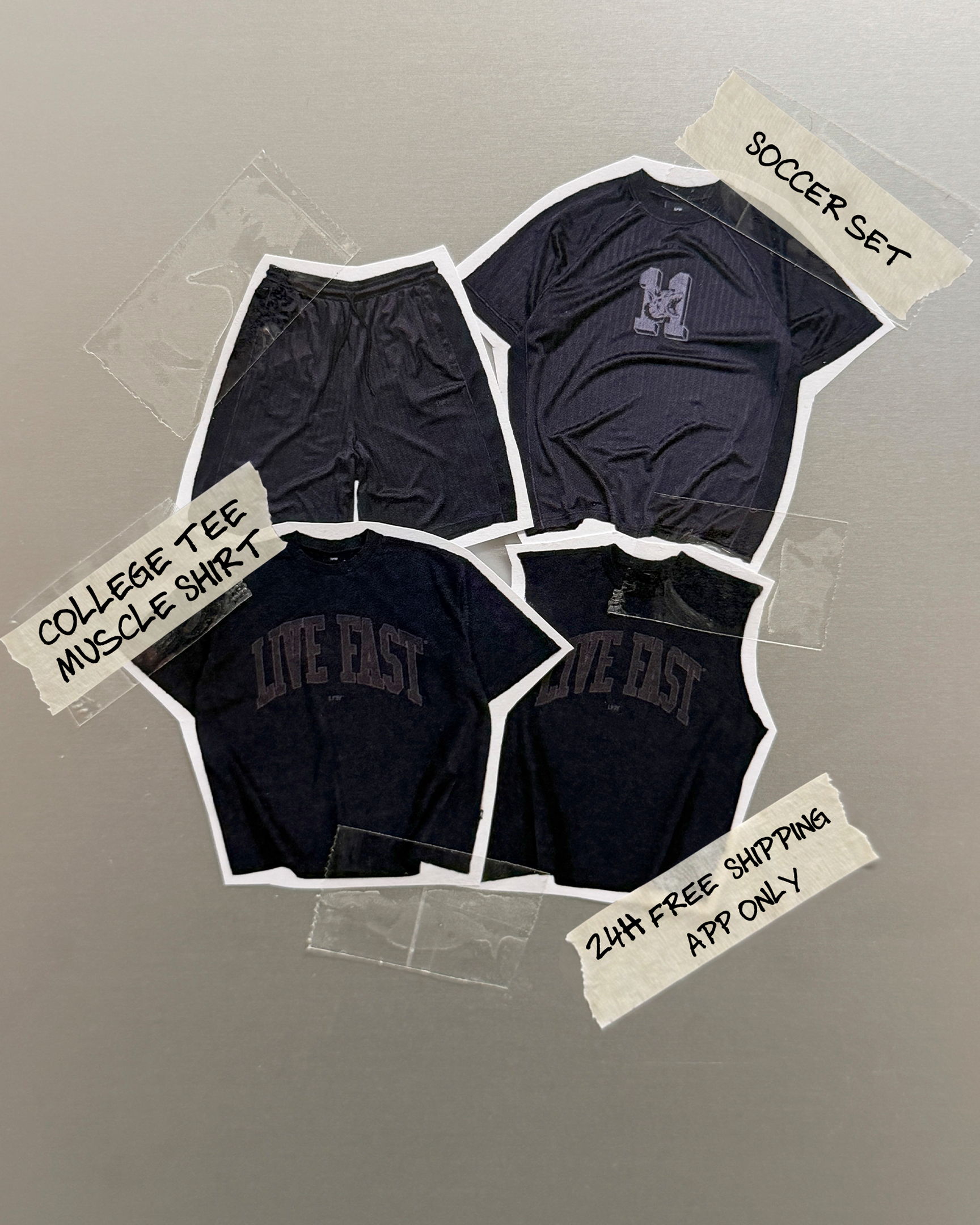 Four black athletic shirts with text labels and a promotion for free shipping.