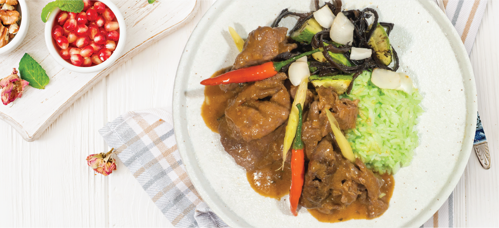Low Fat Indonesian Beef Rendang with sauteed vegetables and pandan rice