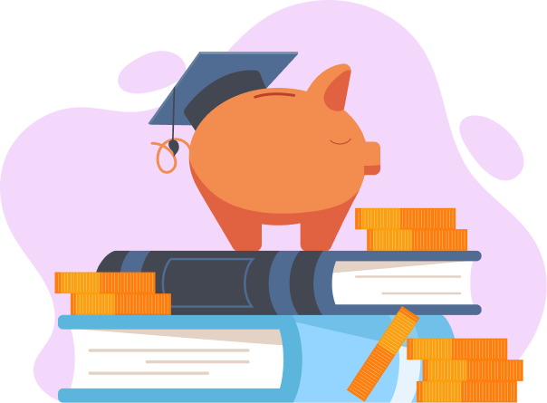 Piggy bank with a graduation cap on books and coins.