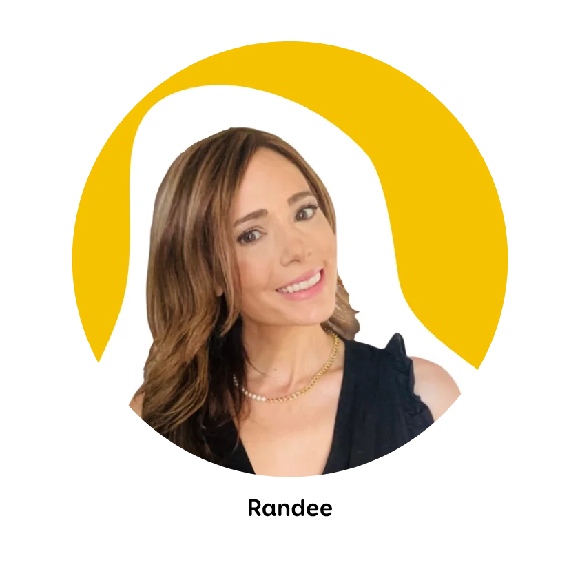 Smiling person with long brown hair against a yellow circular background.