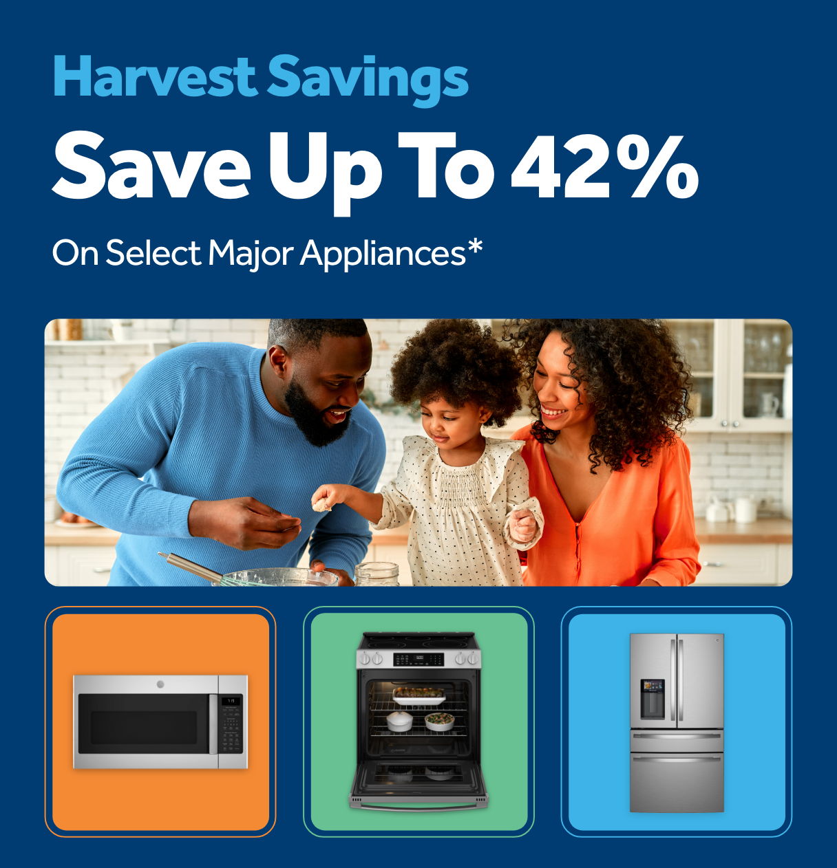 Family cooking together, promoting savings on major appliances.