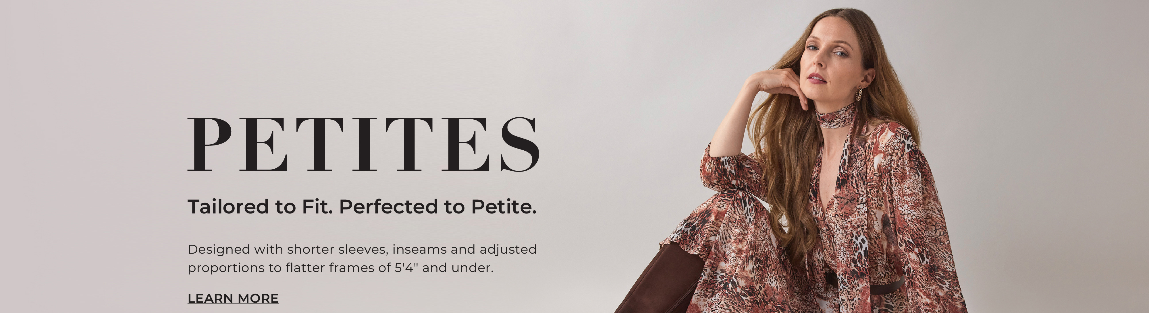 Model showcasing petite fashion against a neutral background.