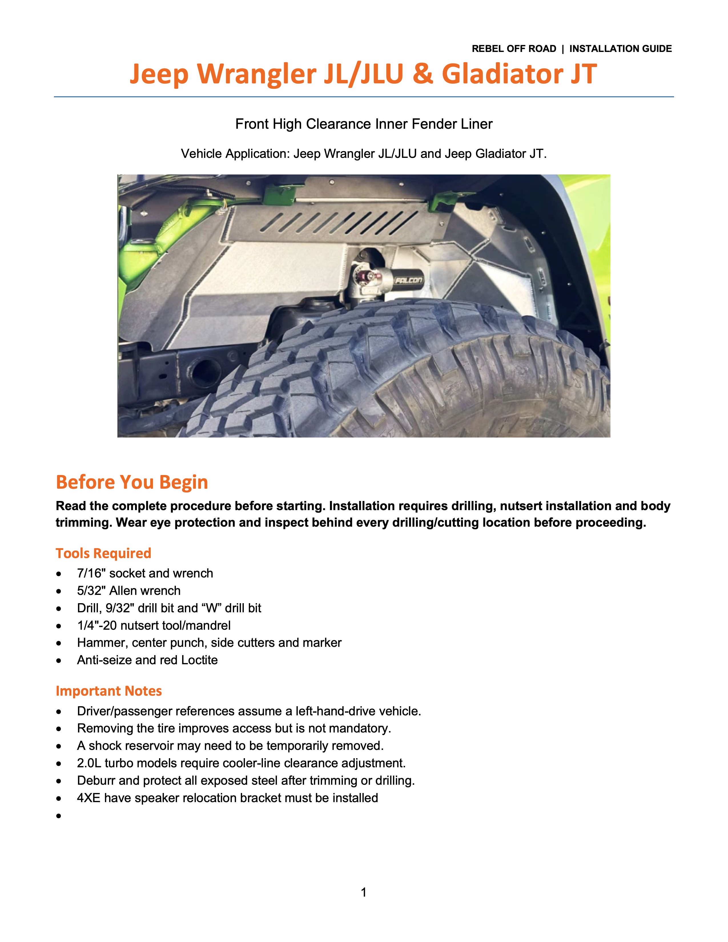 Jeep Wrangler JL/JT installation guide with front high clearance inner fender liner.