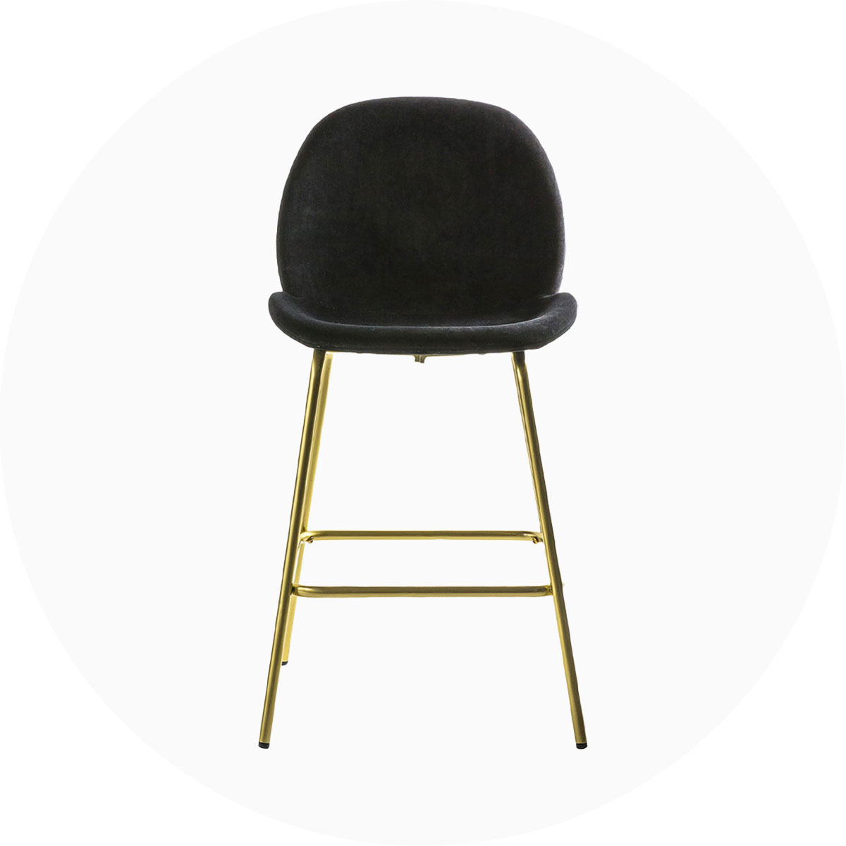 Black upholstered fabric velvet bar stool with gold metal legs.
