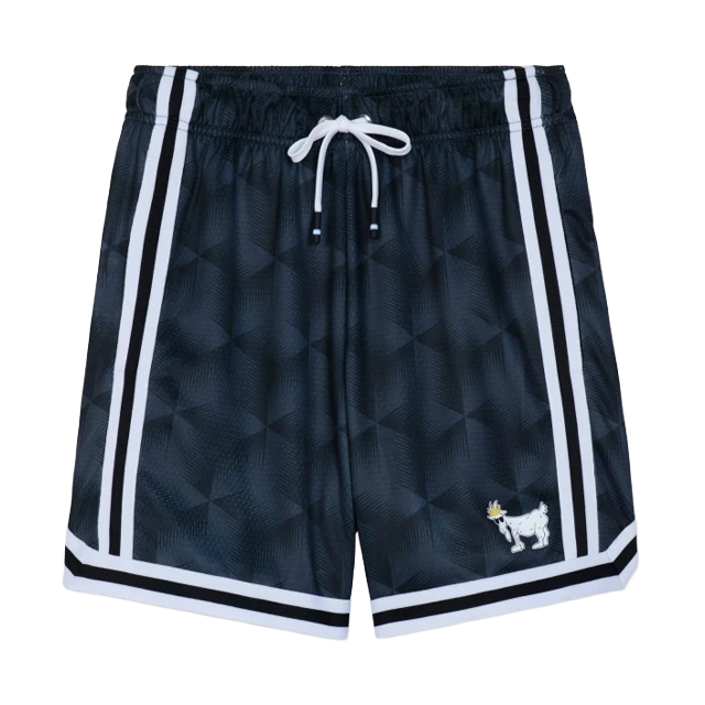 Black swim shorts with white stripes and a graphic logo.