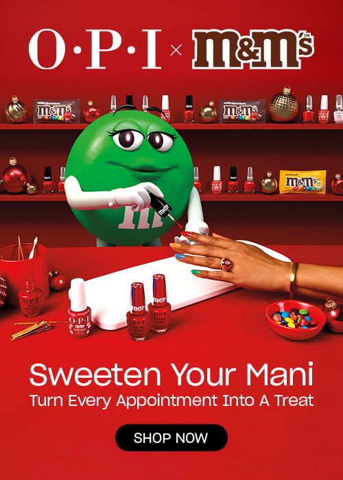 OPI and M&M's collaboration for nail products with playful branding.