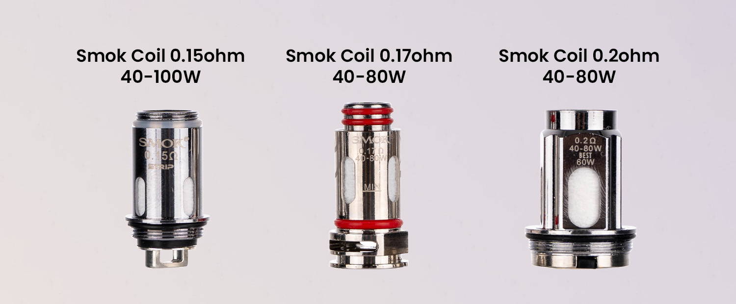 A photo showing 3 different SMOK coils and their wattage operating ranges.