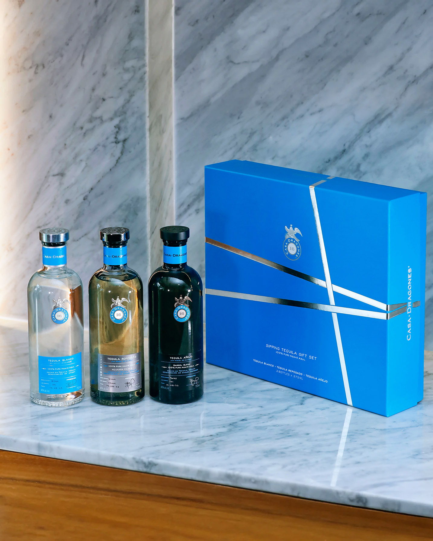 Casa Dragones Sipping Tequila Gift with tequila Añejo, Reposado and Blanco 375ml bottles