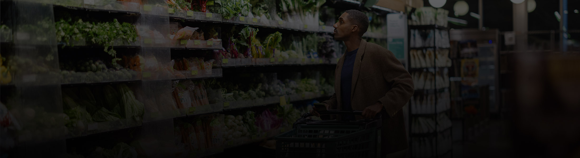 Customer shopping in a grocery store aisle, representing security and monitoring solutions for retail businesses