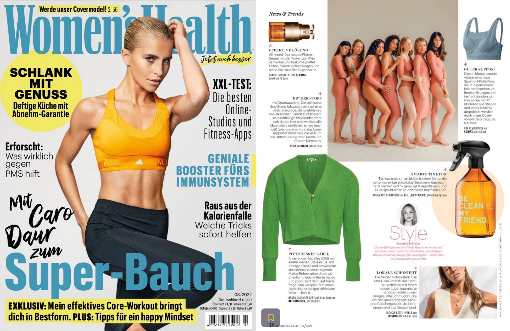 LLR Studios (a sustainable fine jewelry brand from Hamburg, Germany) 's feature in Women's Health Magazine: a picture of our Medium Link chain + Big Closure and our Big Link Chain + Big Closure in gold with a real freshwater pearl pendant