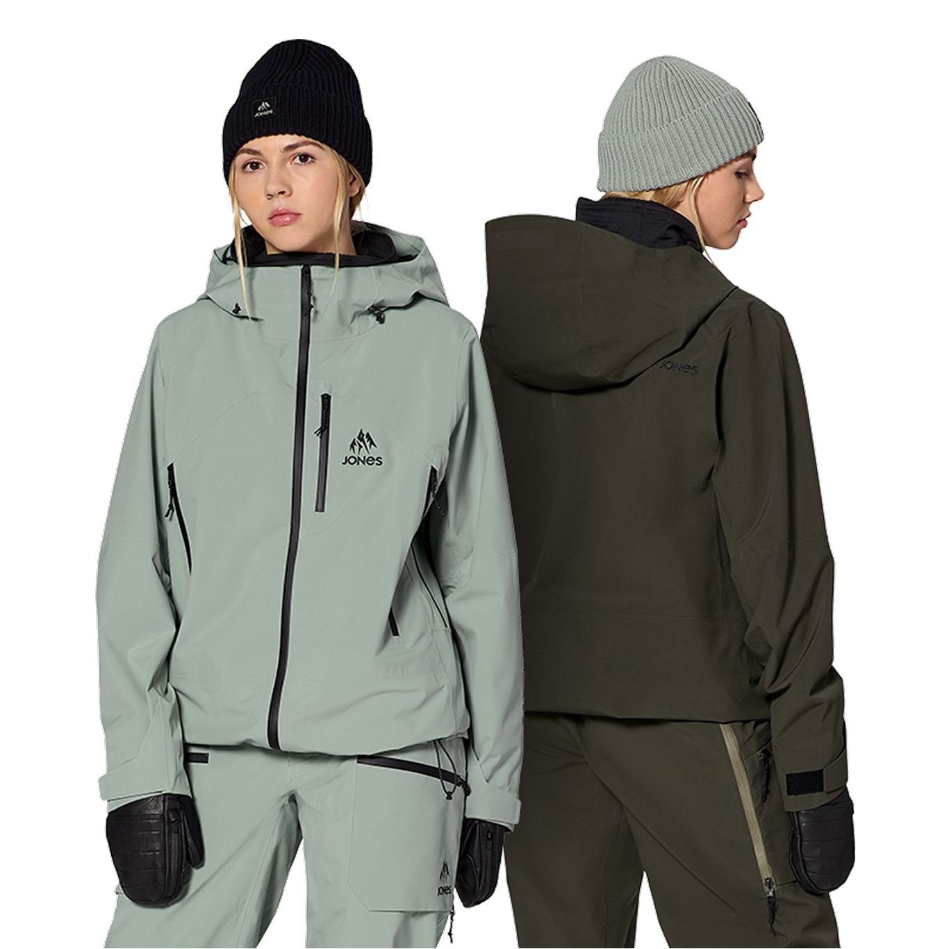 Woman wearing winter jackets, front and back views, with accessories.