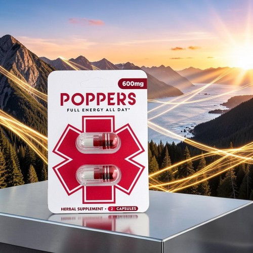 Poppers supplement package against a scenic mountain and sunset background.