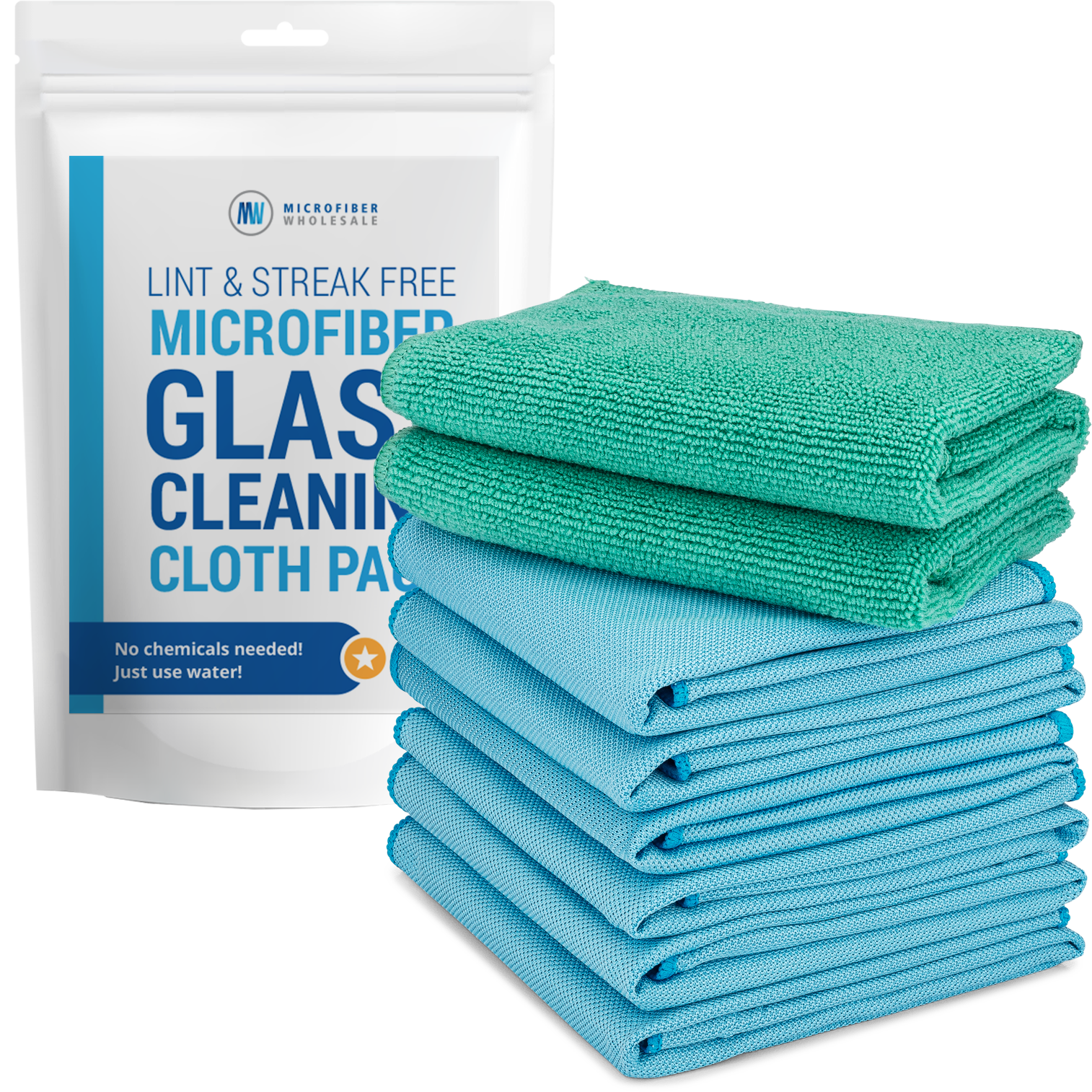 Microfiber glass cleaning cloths in various colors with packaging.