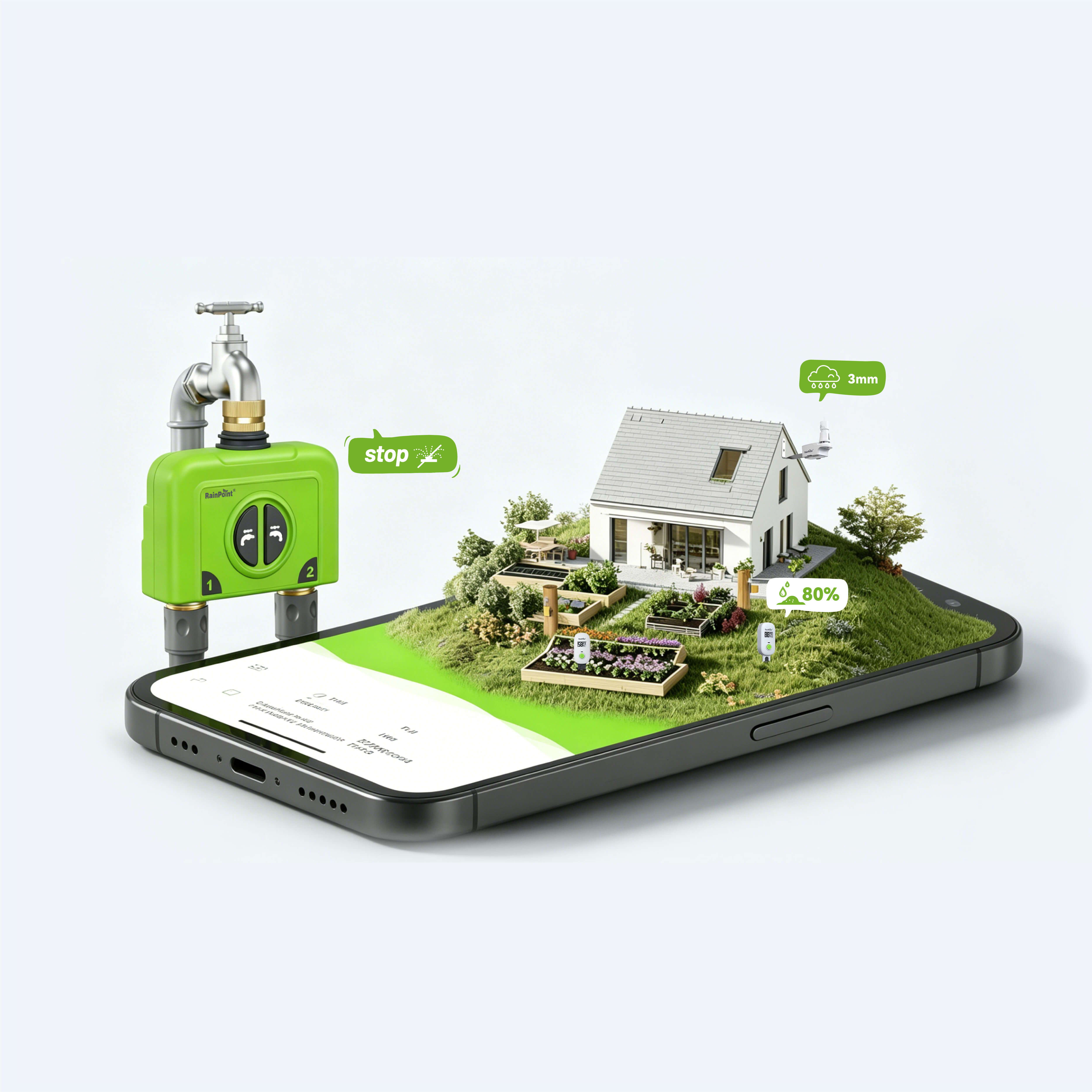 A smartphone displaying a miniature house and garden with connected devices.