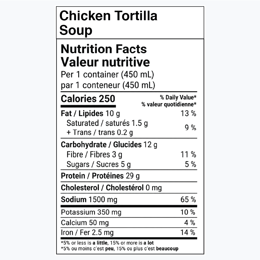 Étiquette de valeur nutritive pour Soupe au Poulet et aux Tortillas .