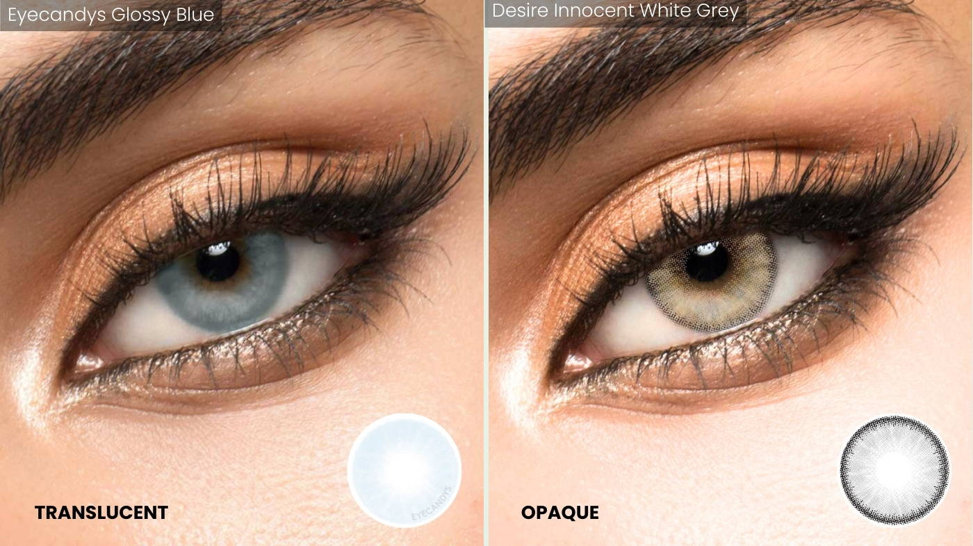 Close up eyes wearing colored contact lenses. One is a translucent blue colored contact lenses and the other one is an opaque grey colored contact lenses