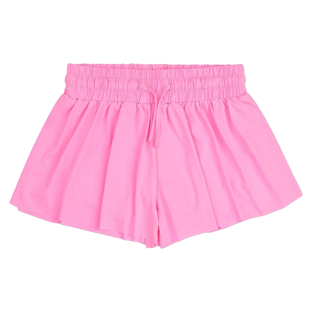 Pink shorts with an elastic waistband and drawstring.