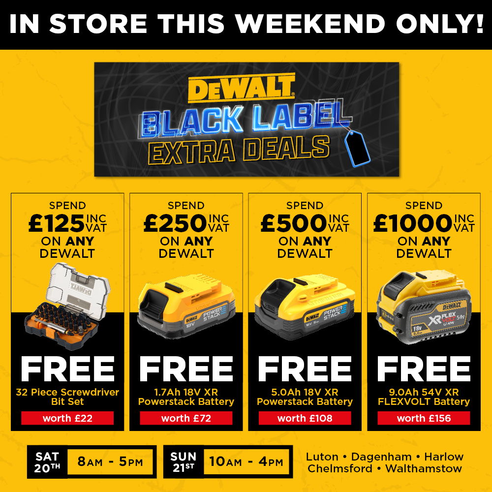 Dewalt Black Label promotion with free gifts for various spending amounts.