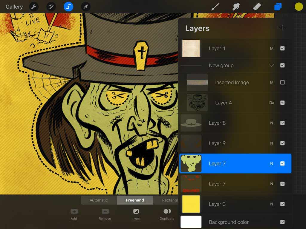 Procreate layers panel with face of grave robber layer and freehand tool selected