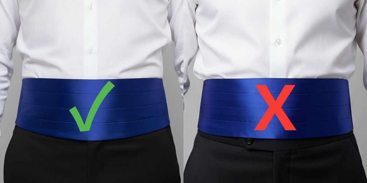 Split-image diagram showing correct cummerbund placement at the natural waist versus incorrect placement worn too high