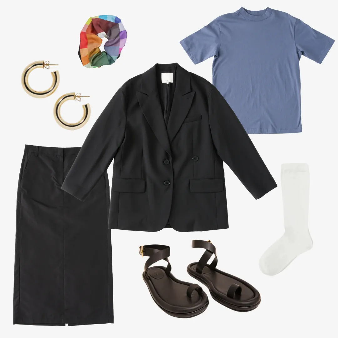 Fashion flat lay featuring clothing, accessories, and shoes.