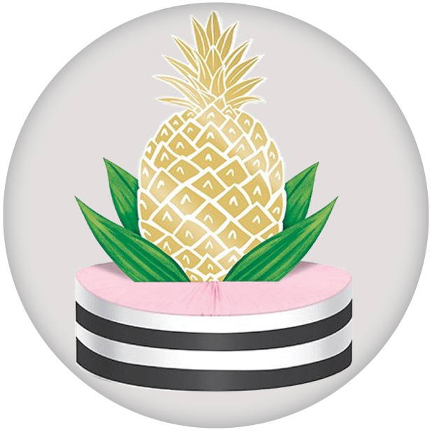 Image of gold pineapple centrepiece on black, pink and white base. Shop all centrepieces.