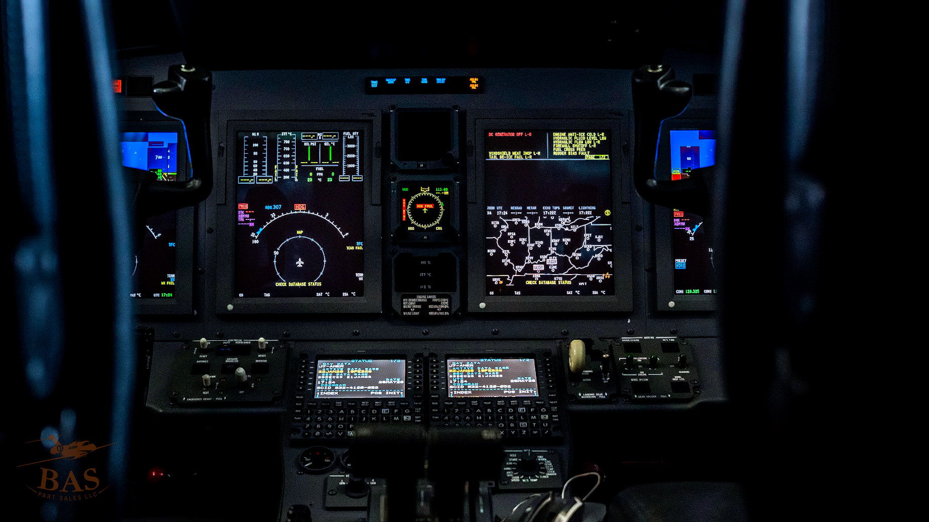 Cockpit control panel with various instruments and displays.