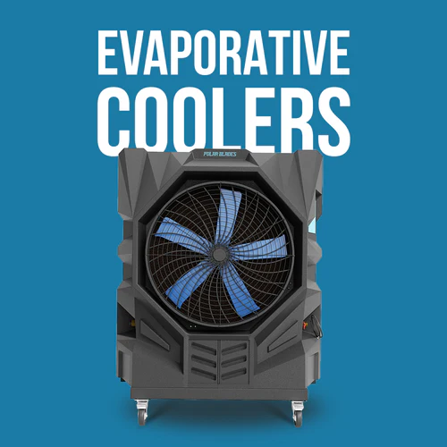 Evaporative cooler on a blue background with text above.