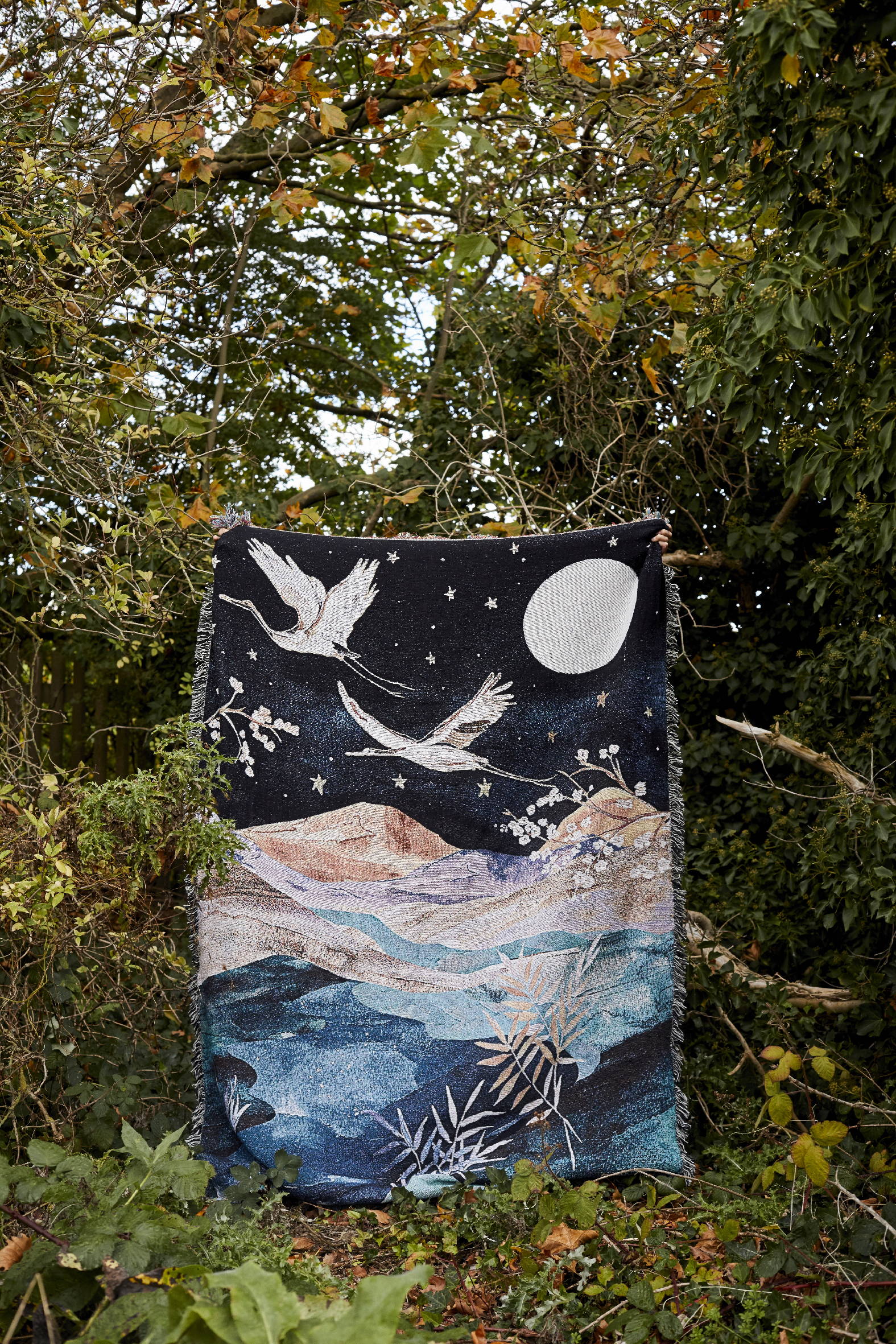 cranes landscape blanket full moon throw