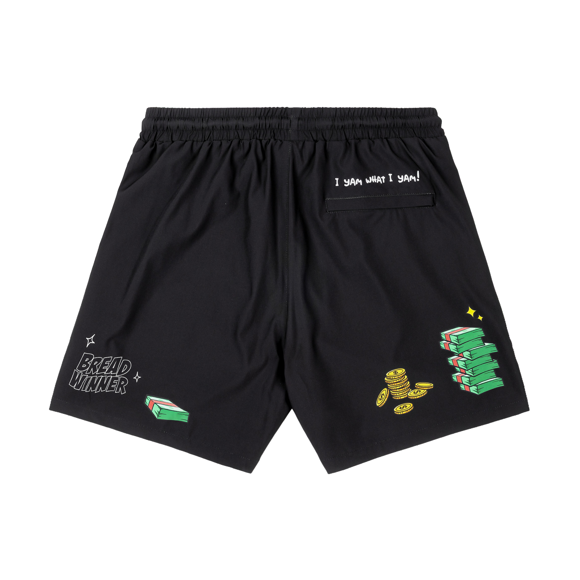 Black shorts featuring Popeye and money-themed graphics.