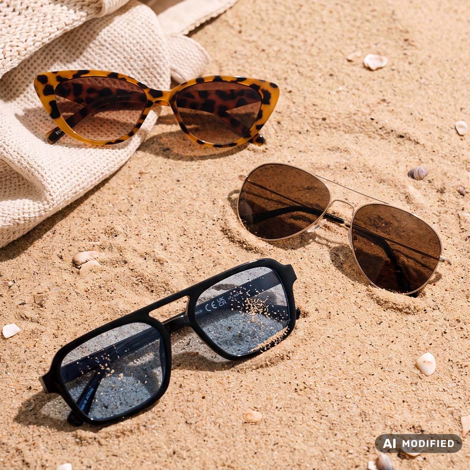 Three pairs of sunglasses resting on sandy beach.