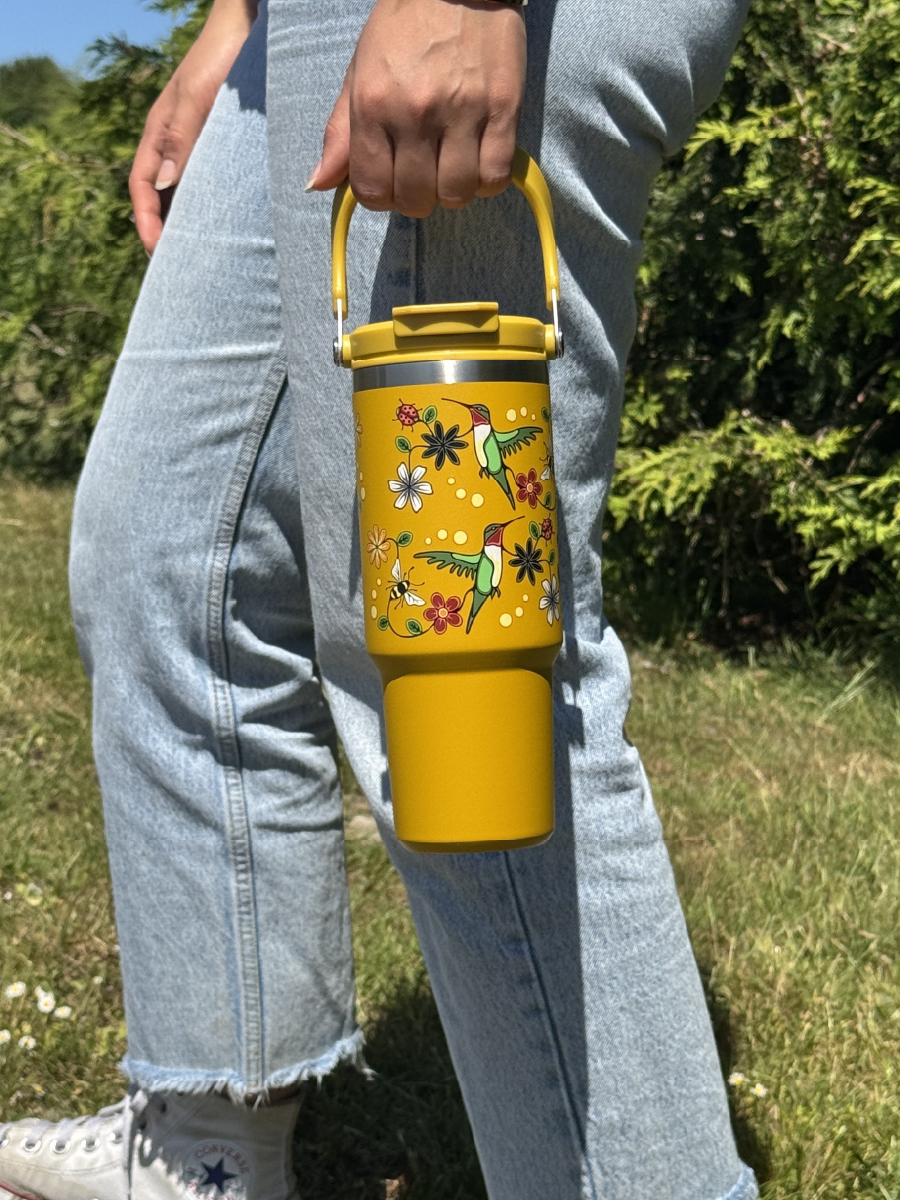 Hummingbird (Nenookaasi) 30oz Easy-Carry Insulated Tumbler by Storm Angeconeb, Lac Seul First Nation, Ojibwe