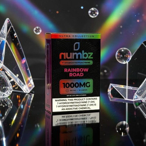 Packaging of Numbz Rainbow Road 1000MG with prism and bubbles background.