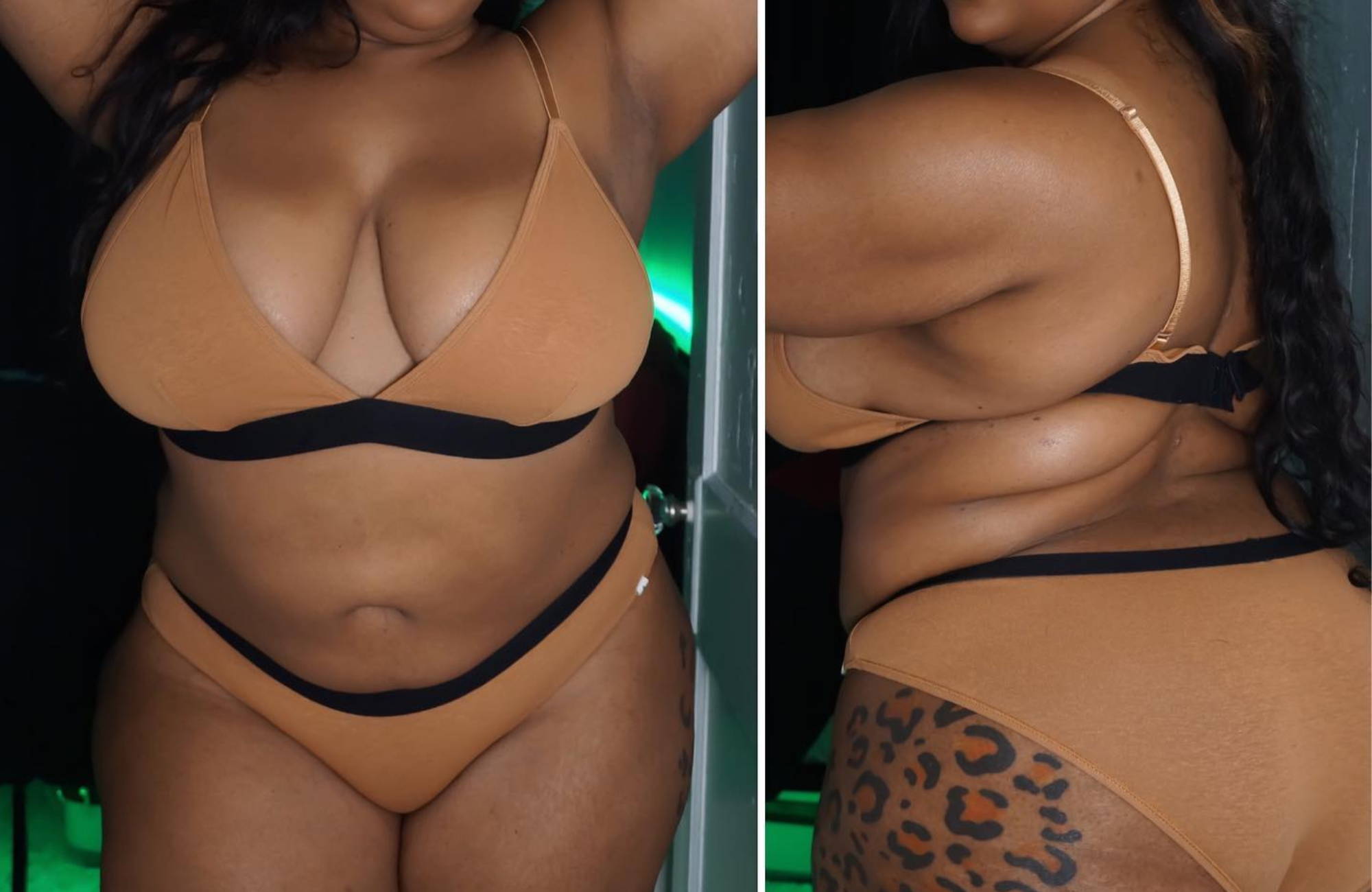  a plus size woman wearing a matching nude bra and undies set seen from two angles