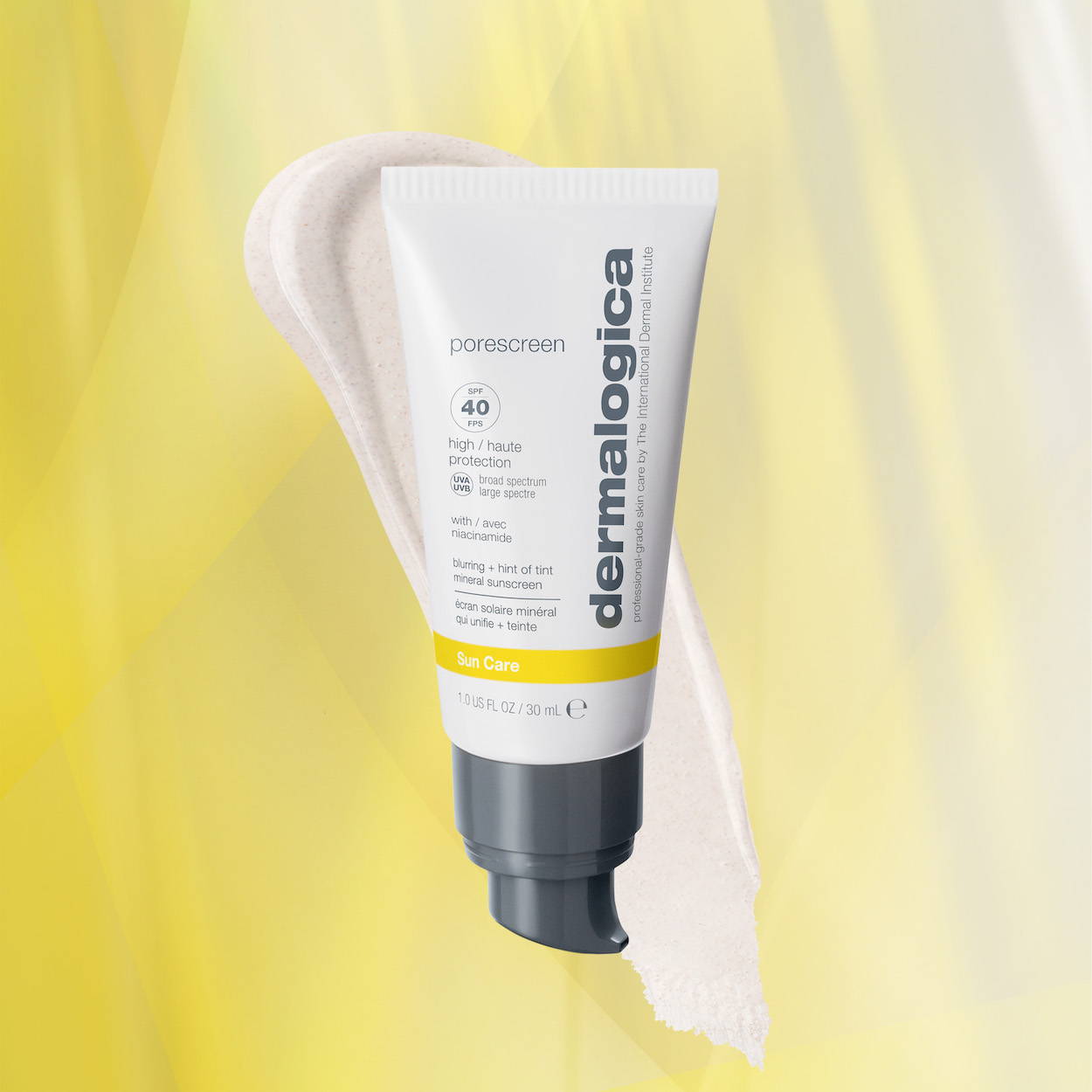 New Dermalogica Porescreen SPF 40 on yellow background with product swatch behind it