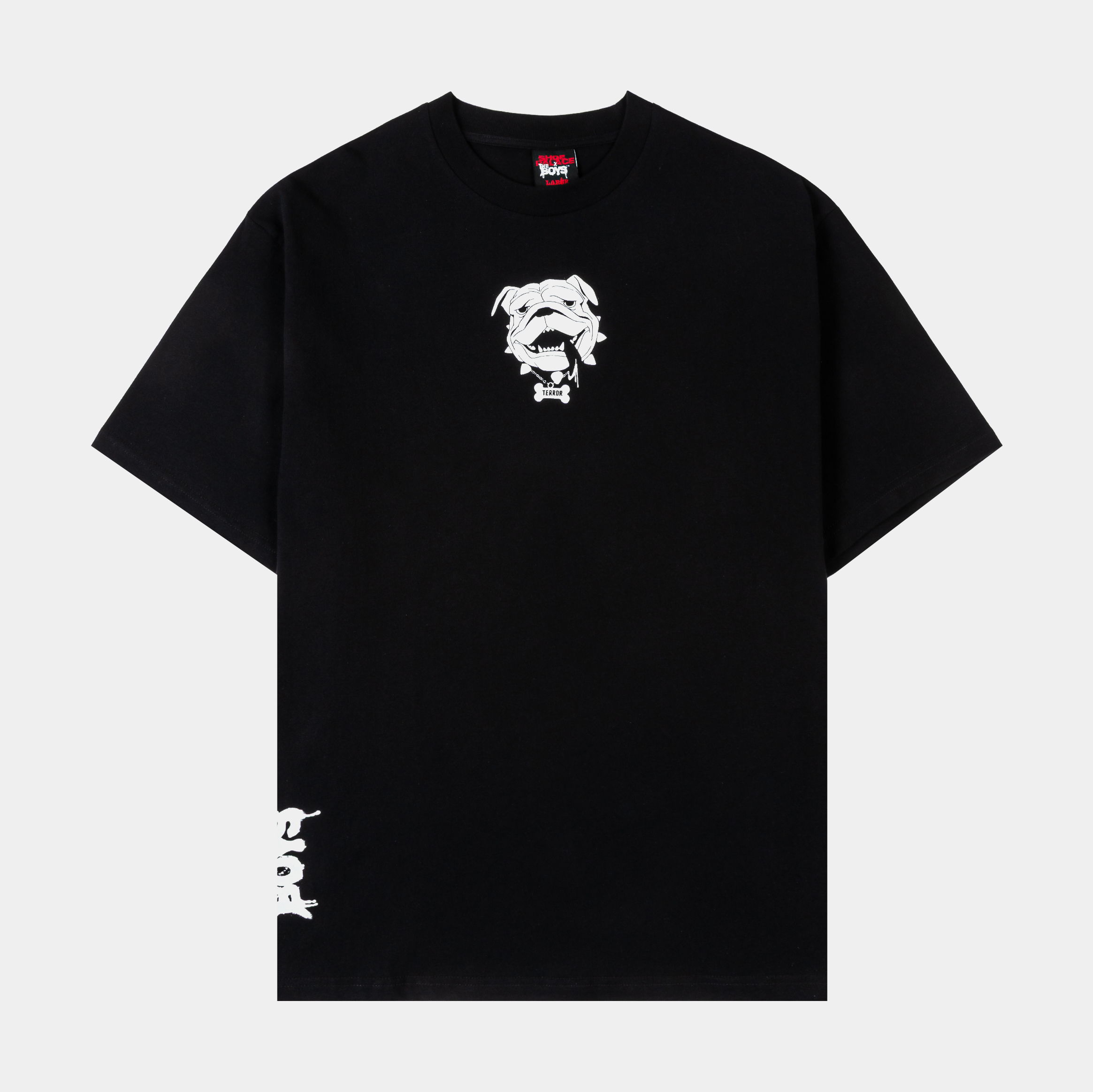 Black t-shirt featuring a graphic design on the front and side.