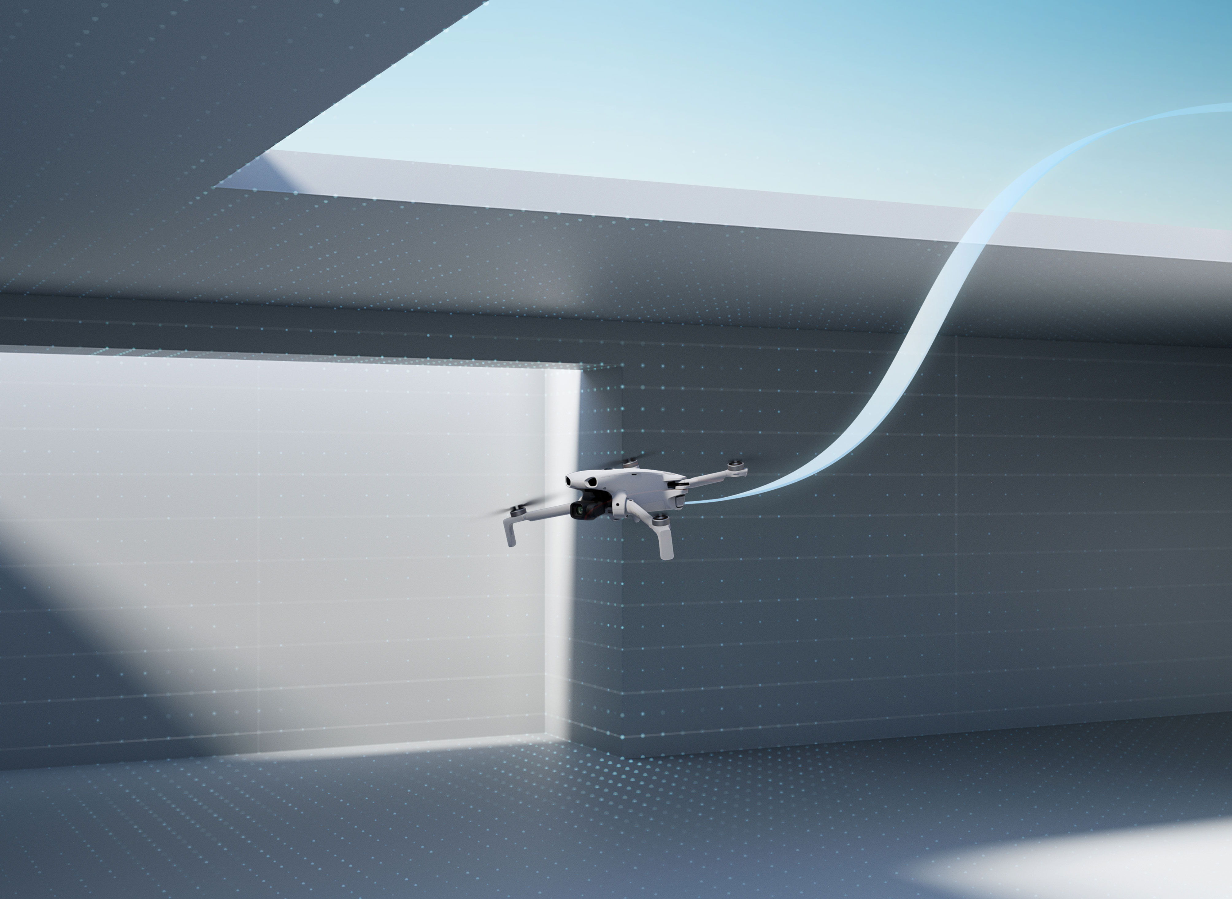 A DJI Lito X1 drone flying through an open rendered space with bright lighting, a blue ribbon trails behind it.