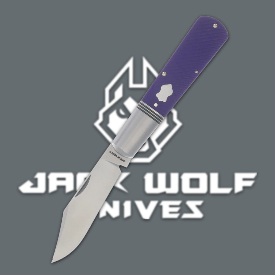Folding knife with purple handle against Jack Wolf Knives logo.