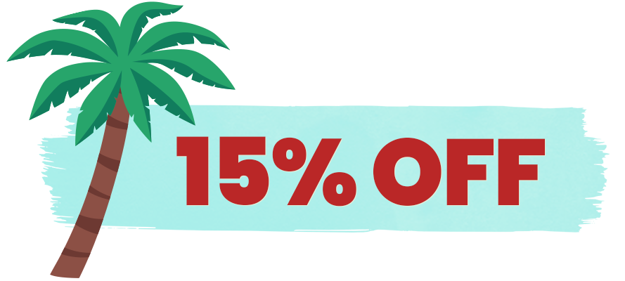 15% off banner next to a palm tree illustration.