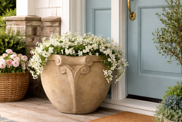 Flower pot with white flowers placed near a blue door.
