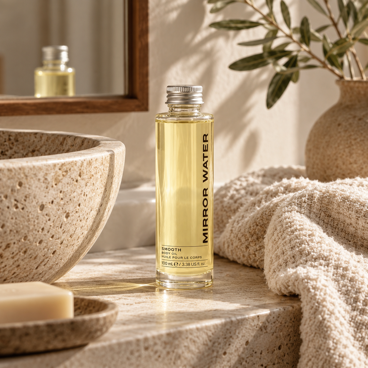 Body oil bottle on a bathroom counter with a beige towel next to it and stone sink basin