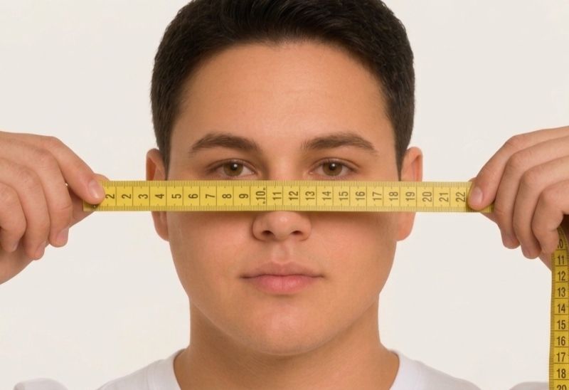 man measuring his cheekbones width with measuring tape