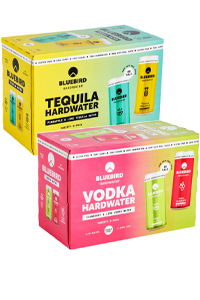 Two boxes of Bluebird Hardwater drinks, labeled Tequila and Vodka.