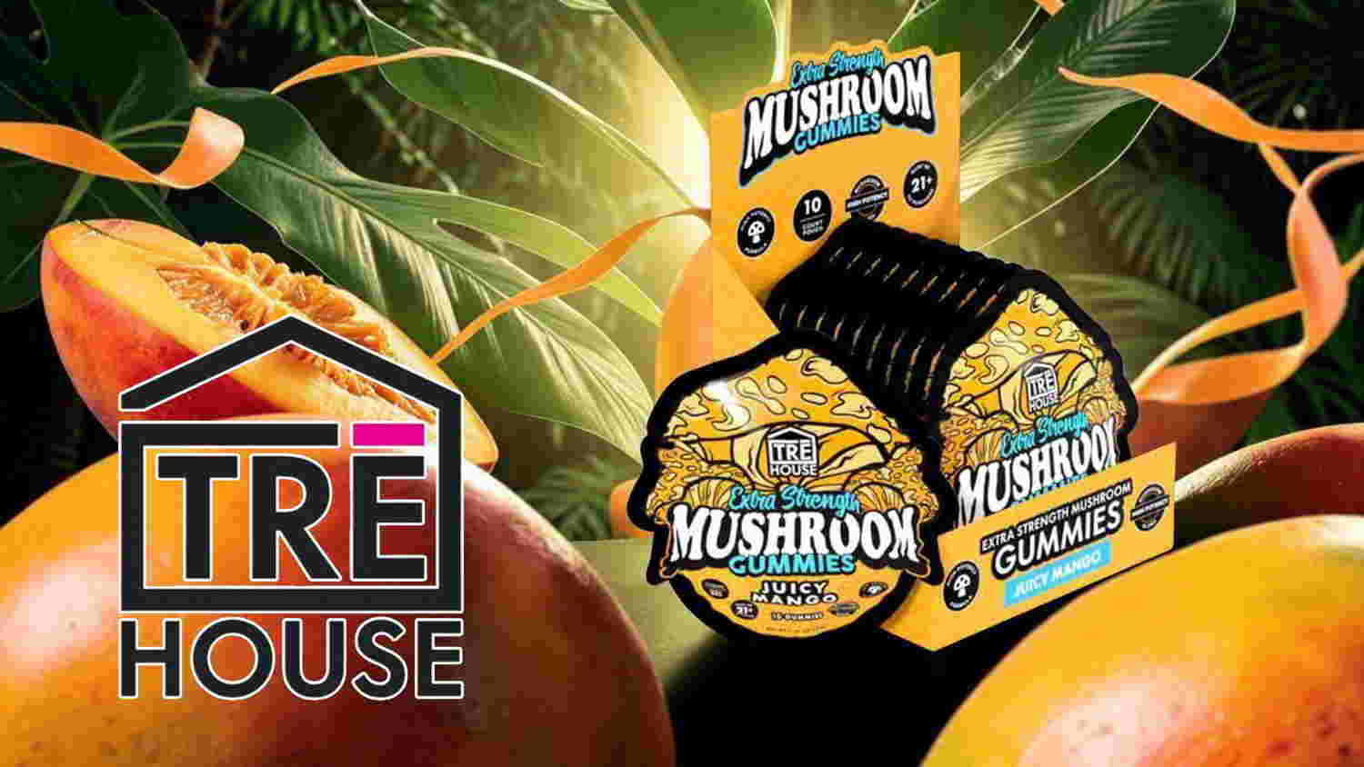 TRE HOUSE logo with mushroom product and mango background.