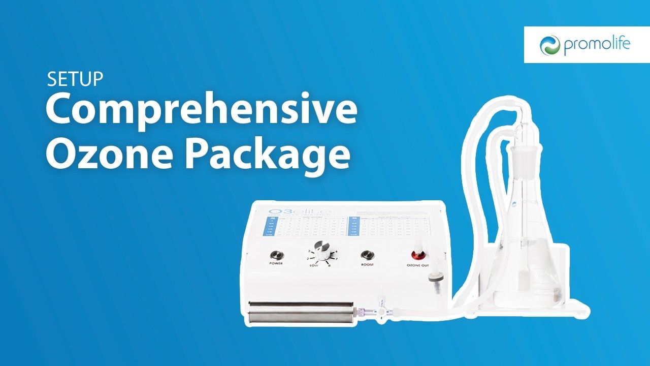 Comprehensive ozone package setup with device and tubing on blue background.