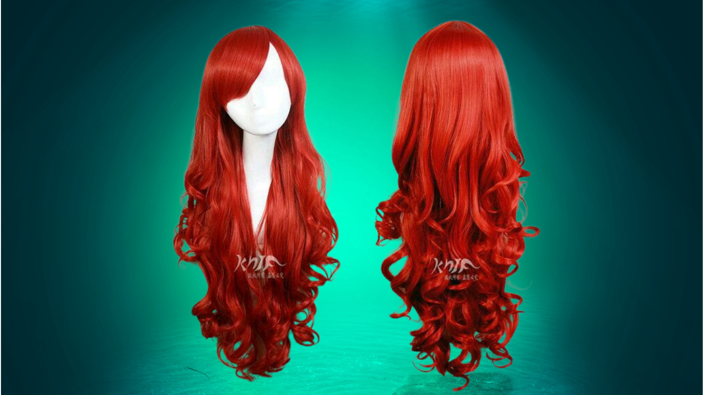 Princess Mera cosplay red wig styled in long flowing waves inspired by ocean tides for an Atlantean queen look